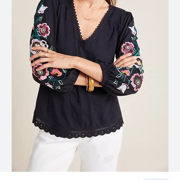 Anthropologie Boho Floral Helene Embroidered V-Neck Peasant Blouse Size XS - Picture 3 of 12